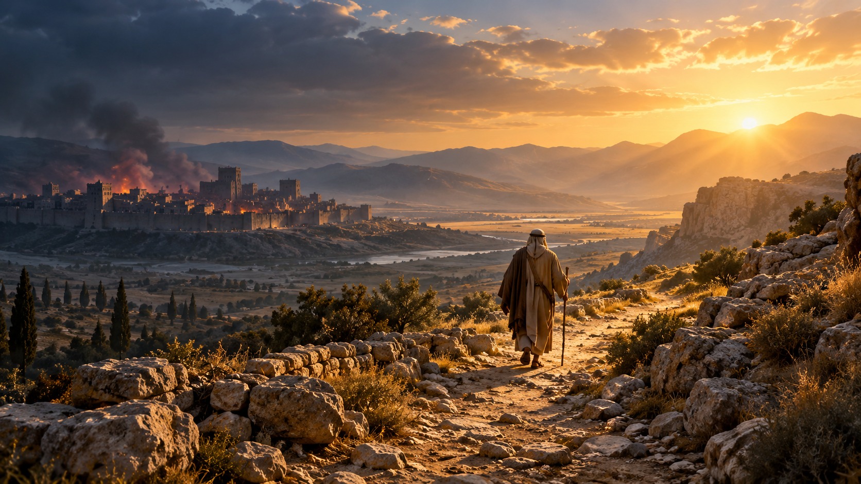 A traveller leaving a shadowed city towards golden dawn