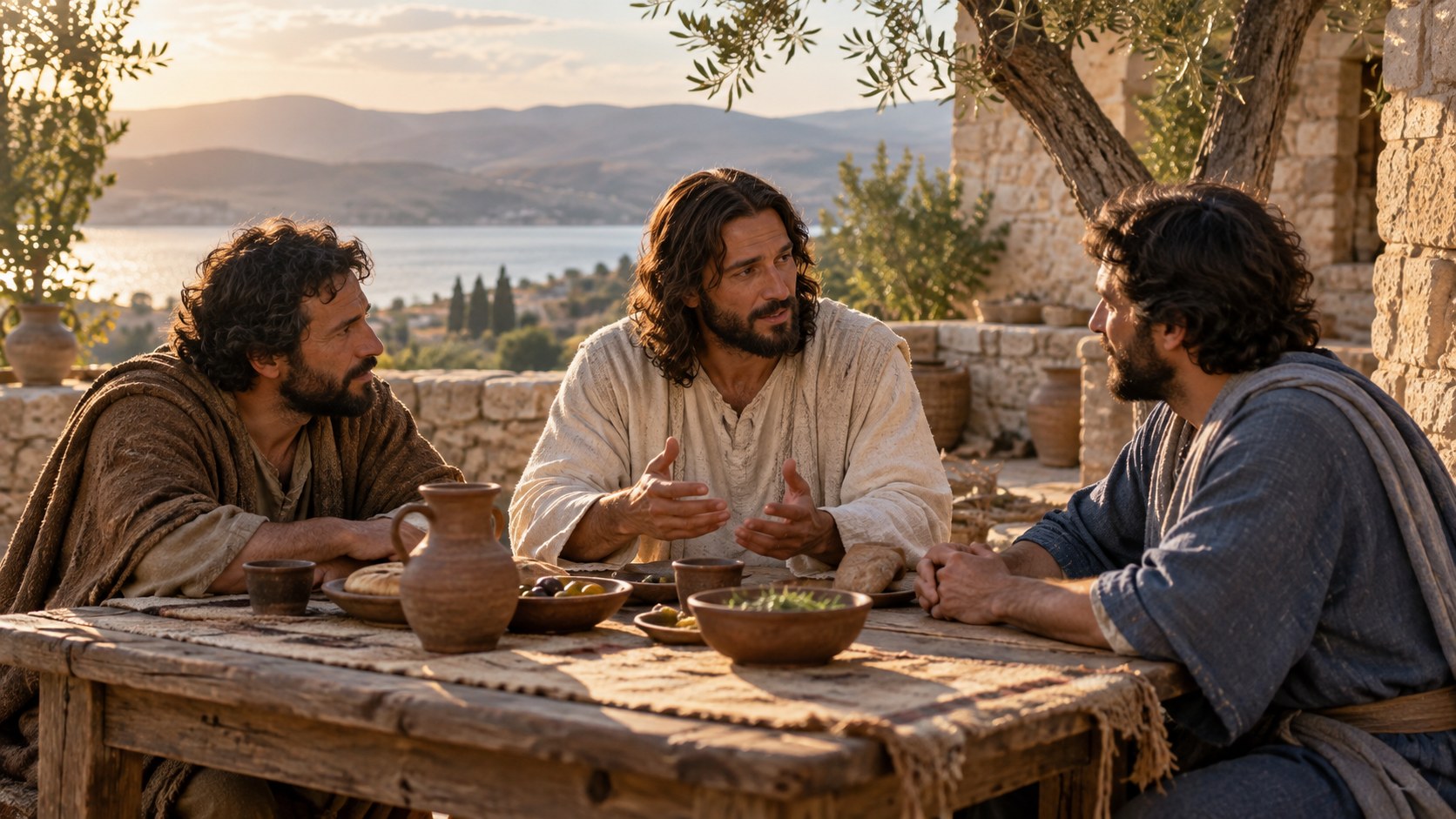 Artistic reconstruction of Jesus sharing a table with two disciples in a Galilean courtyard