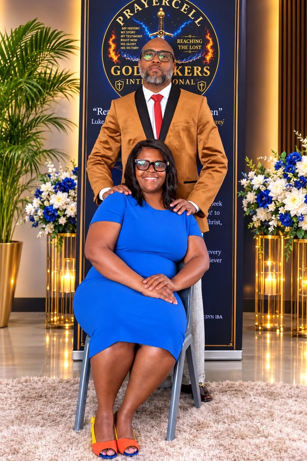 Host Pastor Tyrone Chin and Prophetess Nedra Chin together in front of the ministry banner