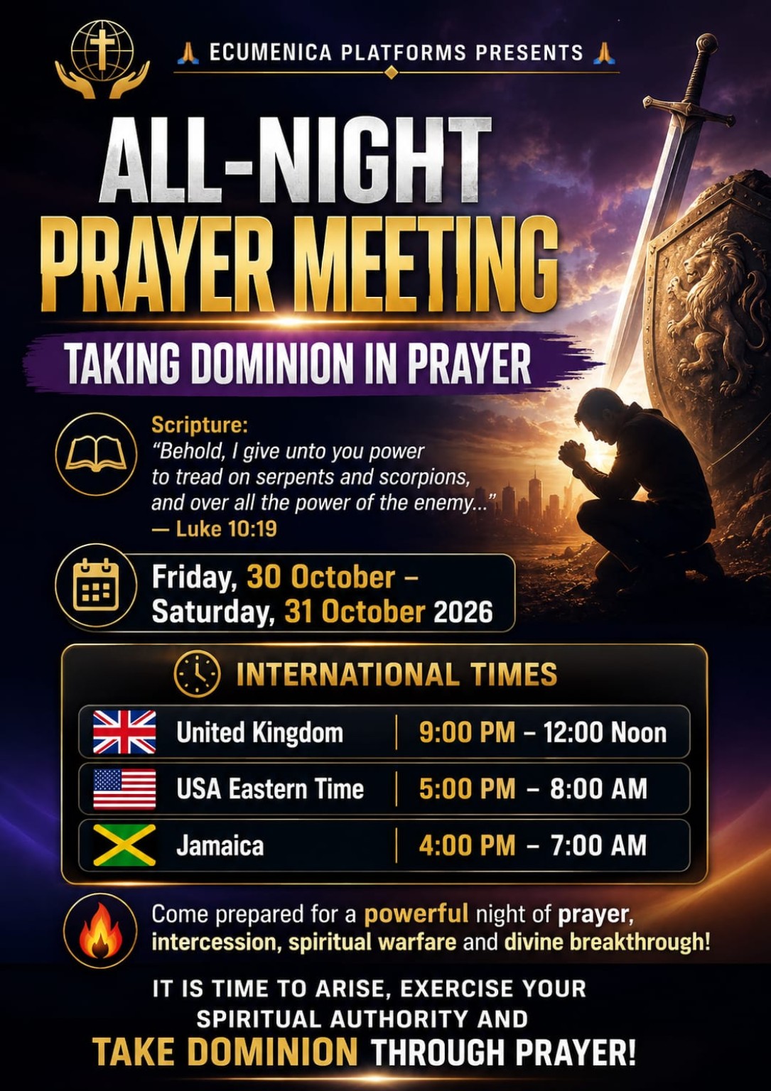 Ecumenica Platforms all-night prayer meeting flyer: Taking Dominion in Prayer, 30–31 October 2026